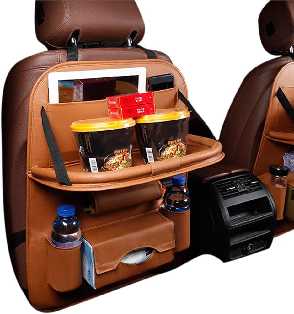 Foldable Table Car Seat Organizer with PU Leather Kick Mat, 62x42cm Backseat Storage Bag for Bottles, Toys & Tissues(Brown)