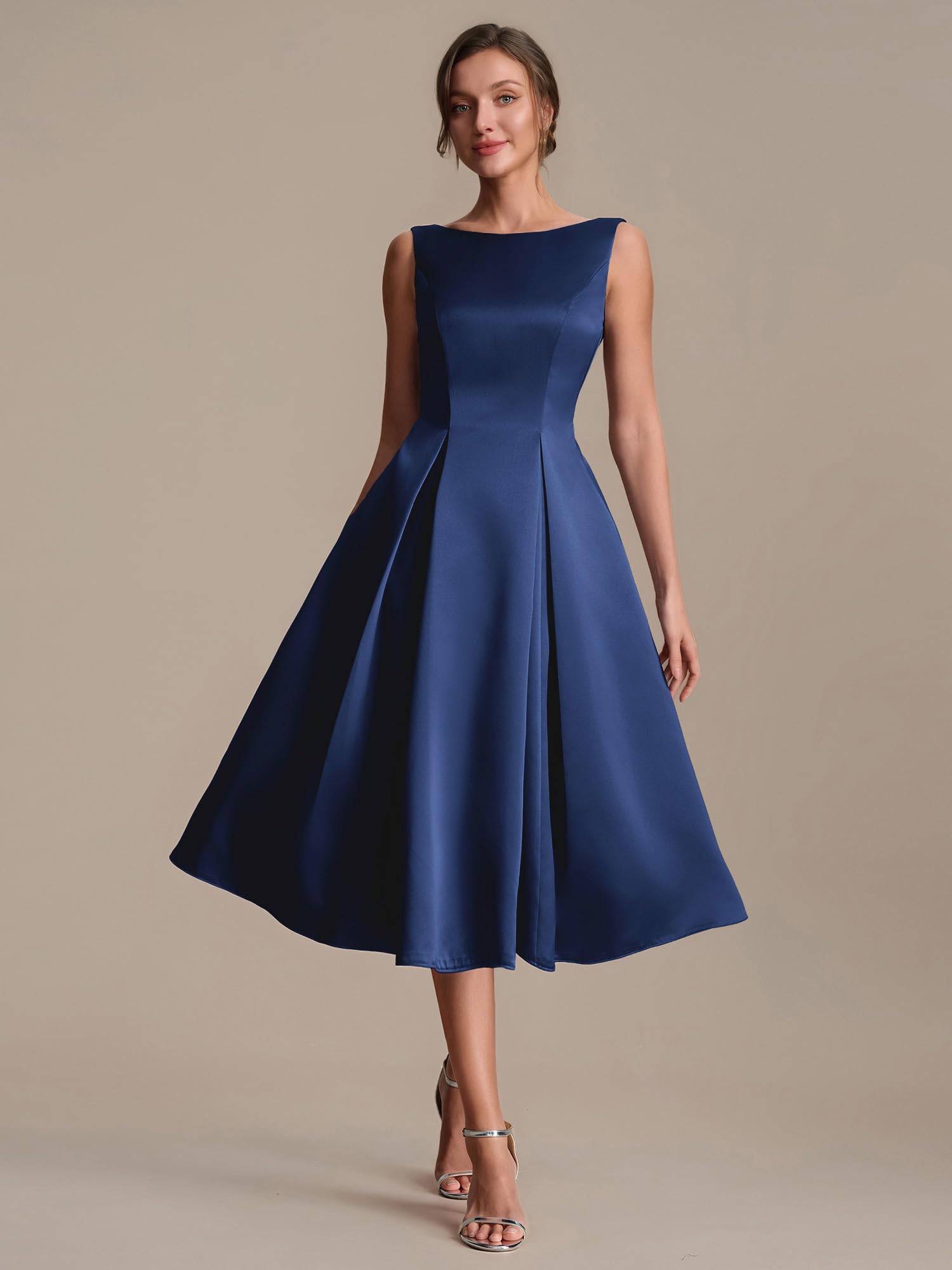 Ever-Pretty Vestito Donna Elegante Collo a Barchetta Senzamaniche Satin Midi Gonna a Ruota EG02775