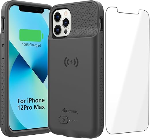 Alpatronix Battery Case for iPhone 12 Pro Max / 13 Pro Max, Slim Portable Protective Extended Charger Cover with Wireless Charging, Lightning Input, Apple Pay, CarPlay - BX12Pro Max - Matte Black