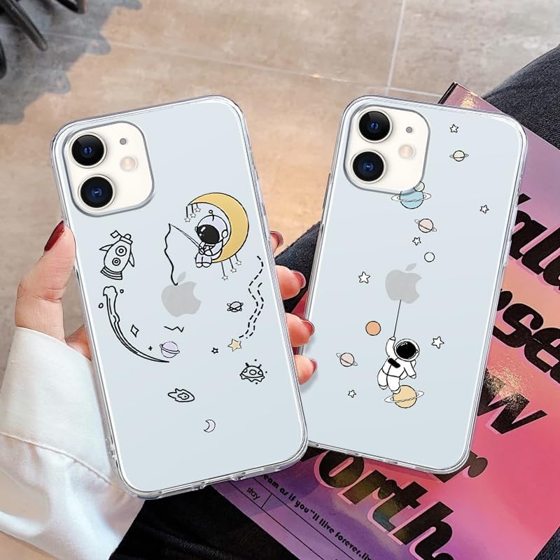 Miniatura 2 de Paquete de 2 fundas transparentes de astronauta de dibujos animados para iPhone de 11 pulgadas, diseño de planeta espacial, silicona suave, TPU,
