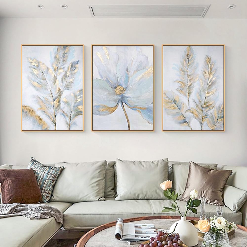 FSLEOVN Juego de 3 cuadros abstractos sobre lienzo, cuadros de pared de flores azules y doradas, pósteres nórdicos con hojas de plantas azules sobre lienzo, decoración de pared de salón, sin marco