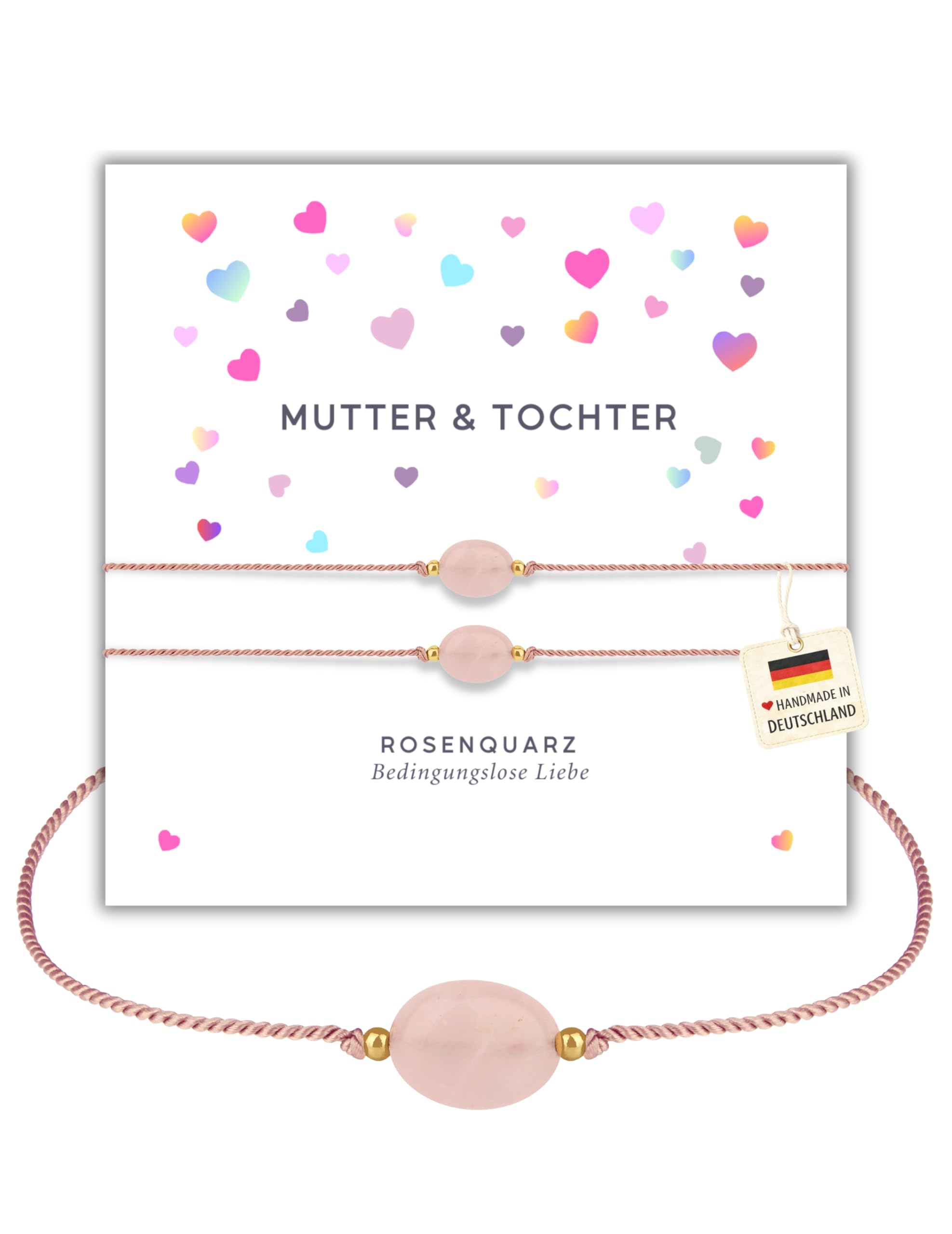happymaker - Freundschaftsarmbänder, Rosenquarz und Mondstein Armbänder Frauen, Edelstein Armbänder mit Spruchkarte und Geschenkverpackung, handmade in Deutschland