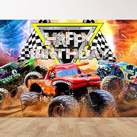 Newsely Truck Themed Birthday Party Backdrop 7Wx5H Monster Boys Kids Happy Birthday Background Photography Jam Burning Flame Car Grave Digger Party Decorations Banner Photo Booth Props Supplies Cover
