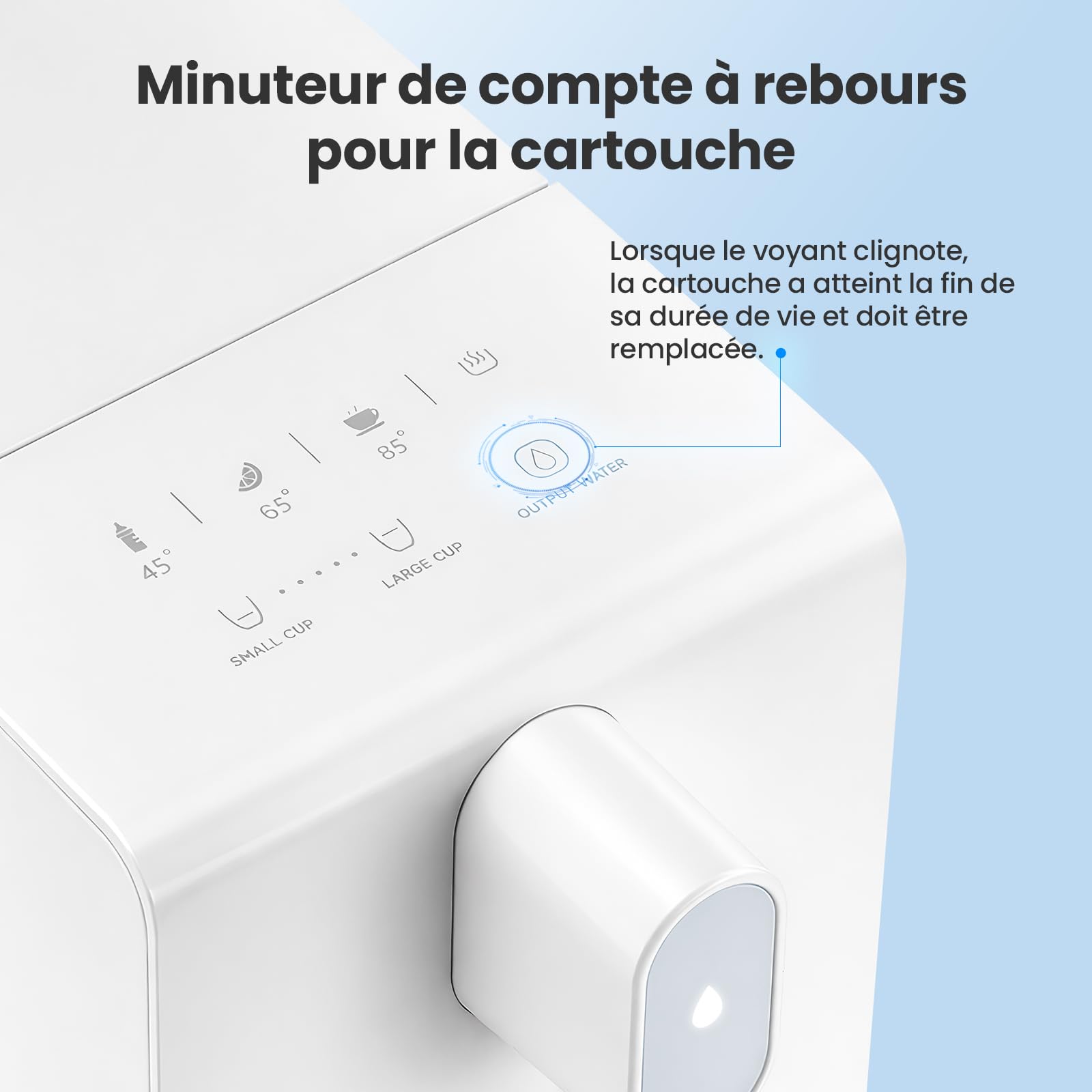 Distributeur eau chaude, distributeur instantané avec filtration et chauffage, 3 cartouches filtrantes. Filtrez l'eau pour réduire le calcaire, le chlore, le plomb.