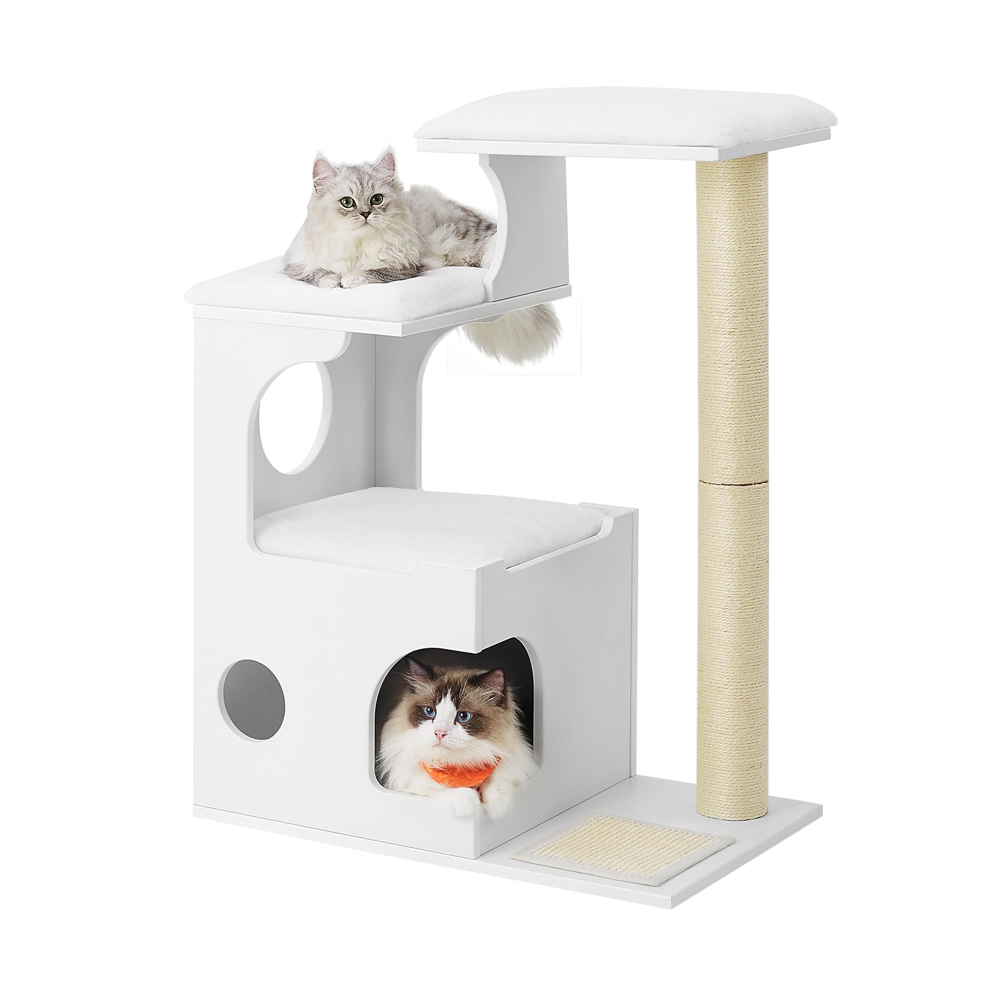 FeandreaWoodyWonders Cat Tree, 86 cm Modern Cat Tower with Cat Cave, 3 Perches, Scratching Post and Mat, Removable Washable Plush Cushions, Cloud White PCT070W01
