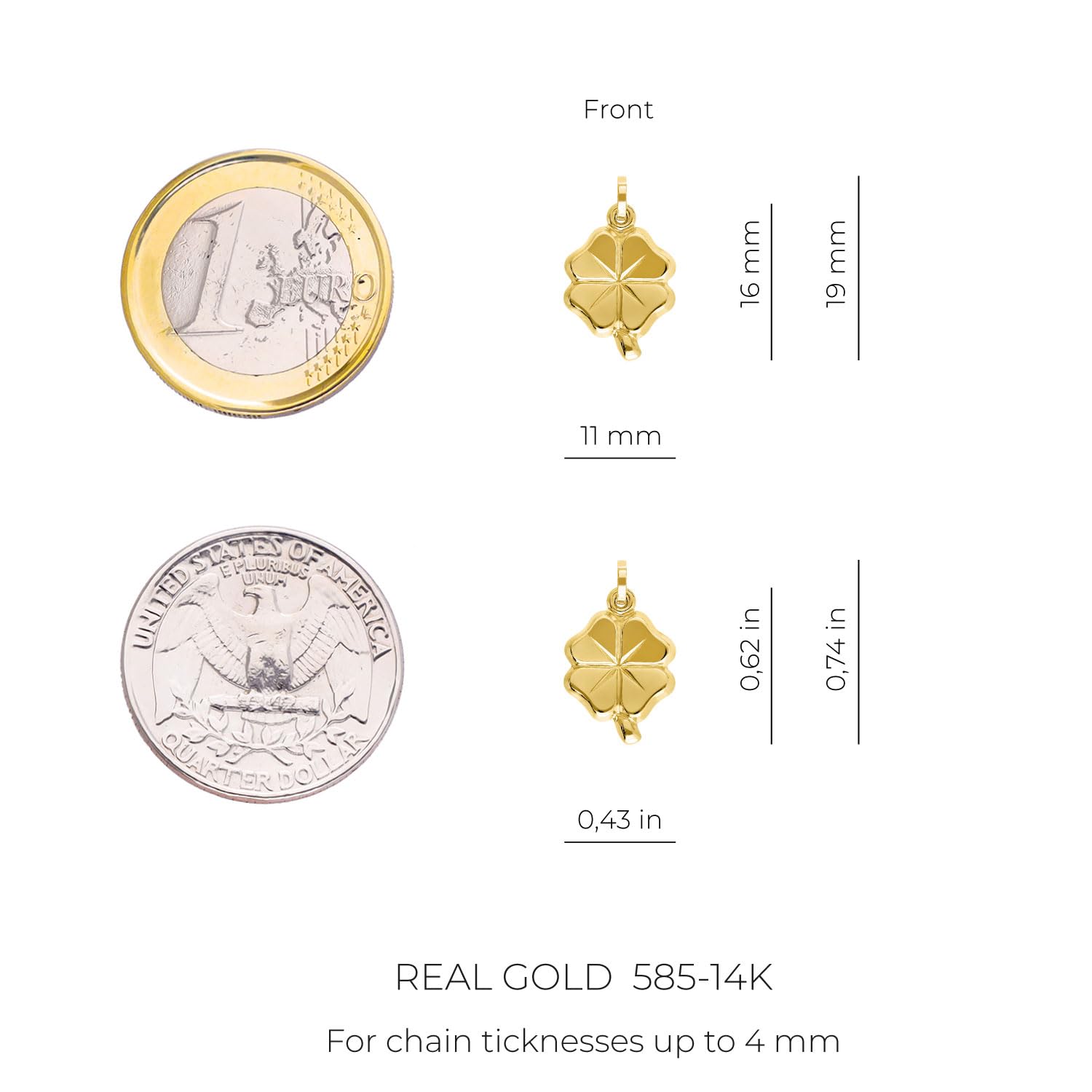 forme di Lucchetta - Ciondolo Quadrifoglio Portafortuna in Oro Giallo 14 carati, 20x11mm, Charms e Ciondoli per Catenina (fino a 4mm) per Donna Ragazza