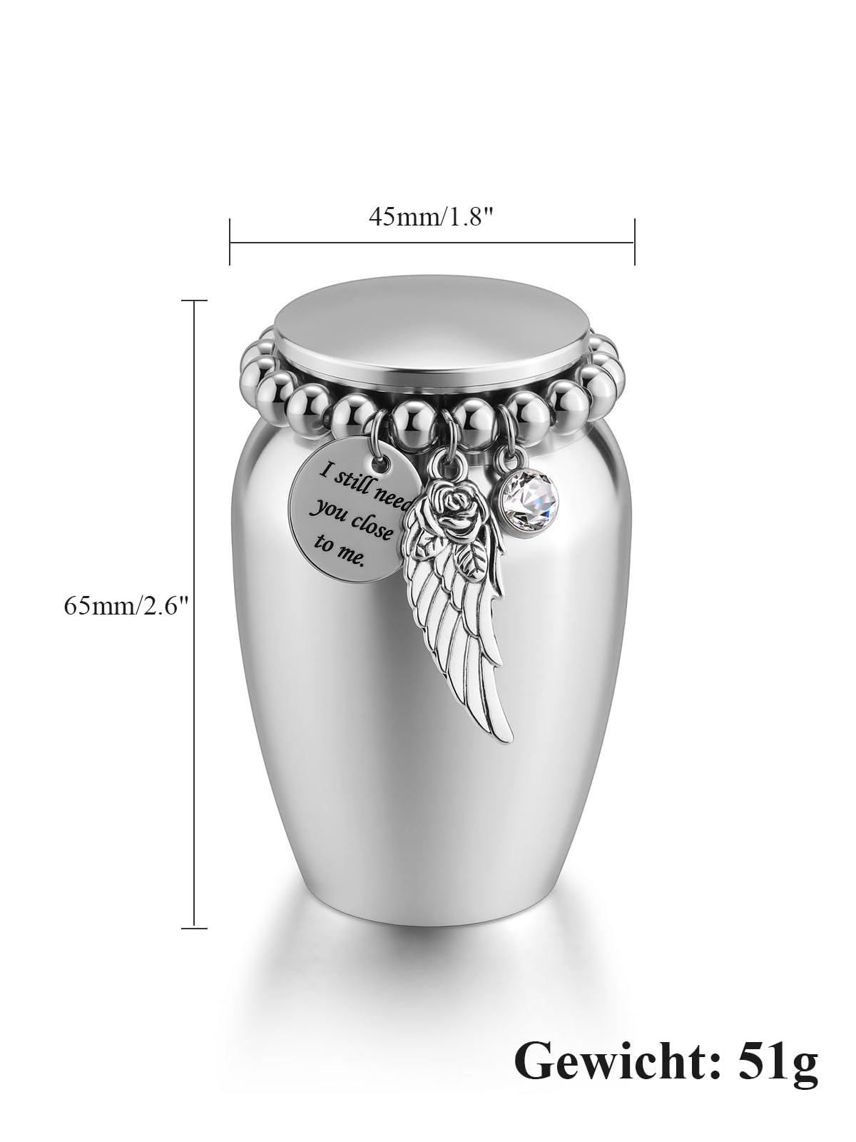 JSDDE Mini Urne Kleine Andenken Urnen für Hund Katze Asche wasserdichte Gedenkurne zur Sicheren Aufbewahrung von Asche 28 * 43mm (Silber) Haustier