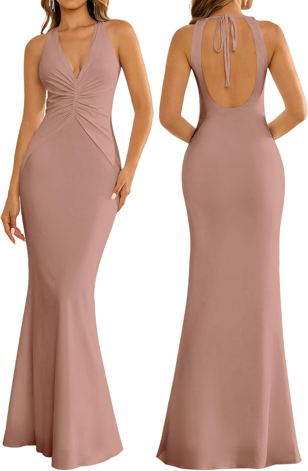 Colysmo Women Summer Bodycon Maxi Dress Sexy Ruched Deep V Neck Elegant Formal Wedding Guest Long Dresses