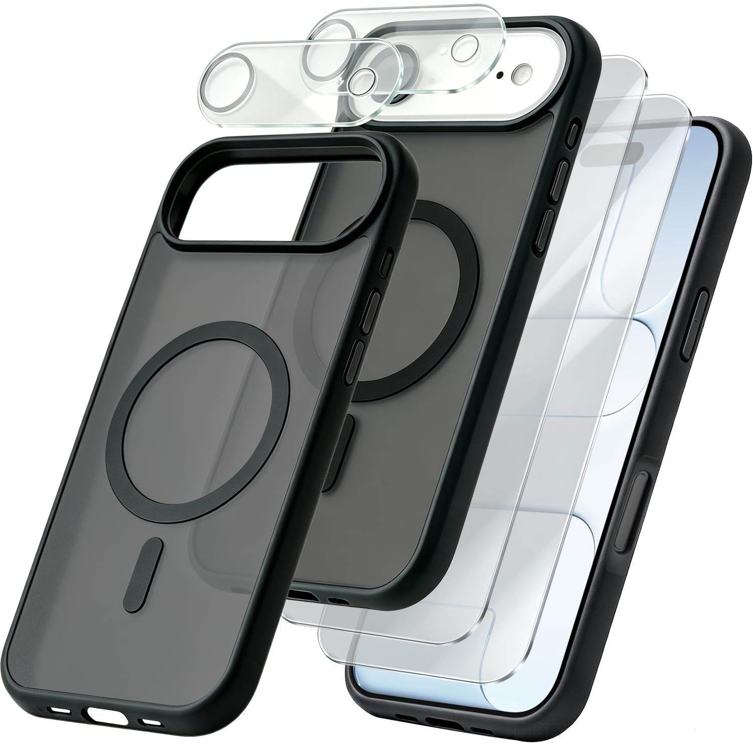 Magnetic Cover per iPhone Air Compatibile con 2 vetri temperati e 2 vetri per fotocamera, Translucent Matte Slim Back PC+TPU Bumper Shockproof Compatible Cover per iPhone 17 Air - Nero