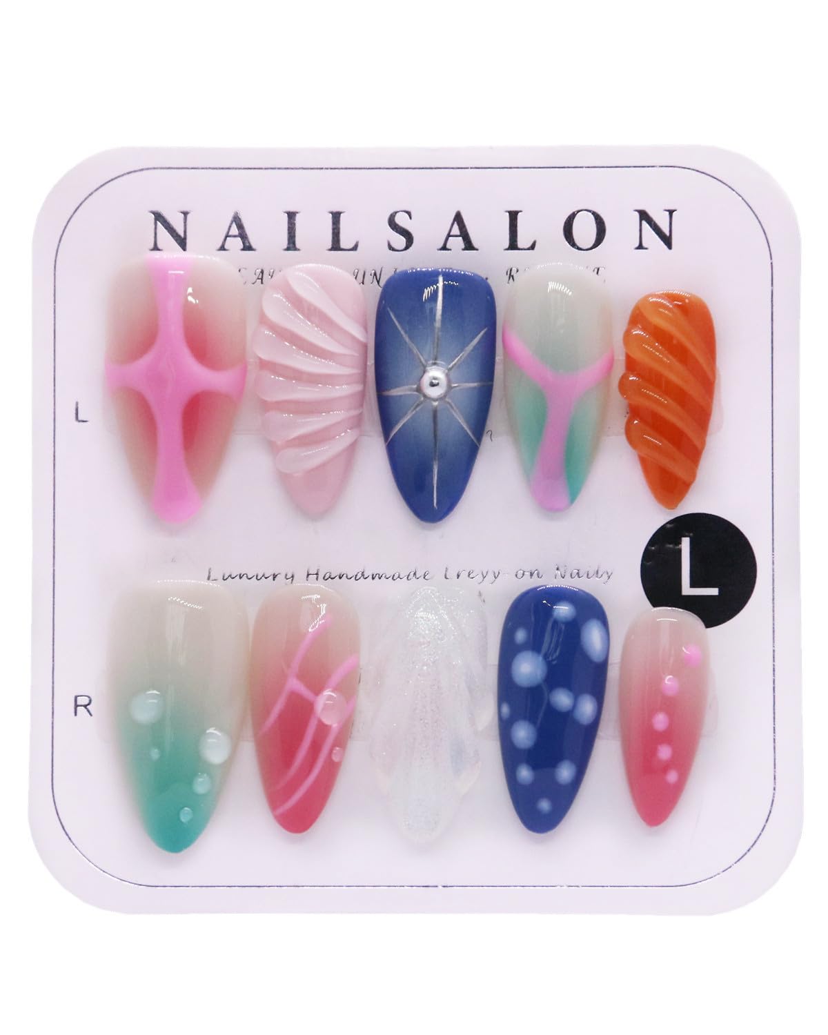 CAMILCY Press on Nails Handmade Nails Luxury Reusable Fake Nails For Girls Short Almond Armor Colorful Blue Diamonds HandPainted Salon Loveful Design Acrylic Gel UV Finished For Women 3D Nails 10PCS L