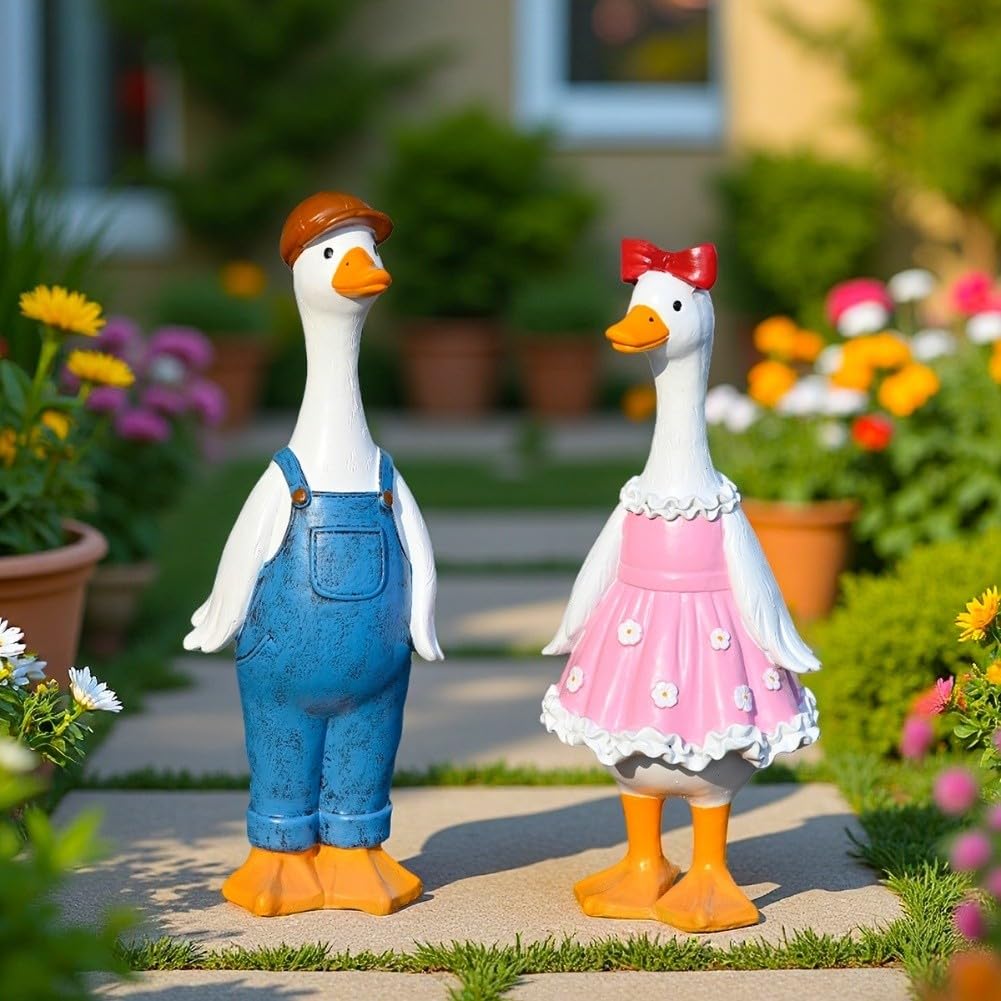 Adorable couple de canards déco de pelouse figurines en résine bleues et roses