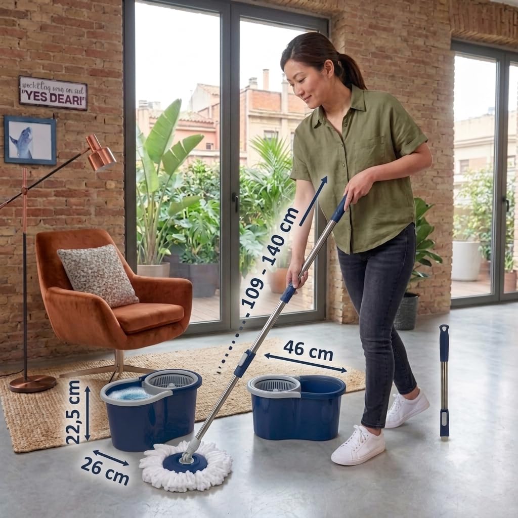 Cubo Fregona y Fregona Giratoria 360° con Escurridor Centrifugado, Mopa con Cubo Escurridor de Microfibra, Sistema de Limpieza para Parquet, Mármol, Laminado y Baldosas, 8,5-9 L