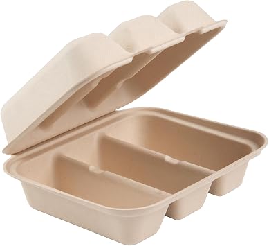 Restaurantware-Pulp Safe 8 x 7.2 x 3.5 Inch Taco Clamshell Containers, 100 No PFAS Added Taco Containers - Home Compostable, 3-Compartment, Kraft Bagasse Sugarcane Clamshell Containers, Microwavable