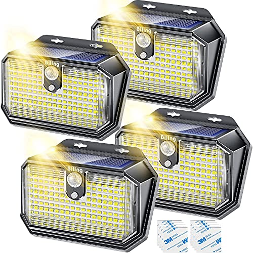 Biling Solar Motion Sensor Lights Outdoor, 202 LEDs Solar Security Light with Motion Sensor, IP65 Waterproof Solar Powered Wall Lights with 3M Tape for Deck Fence Porch Garden Yard Garage (4 Pack)