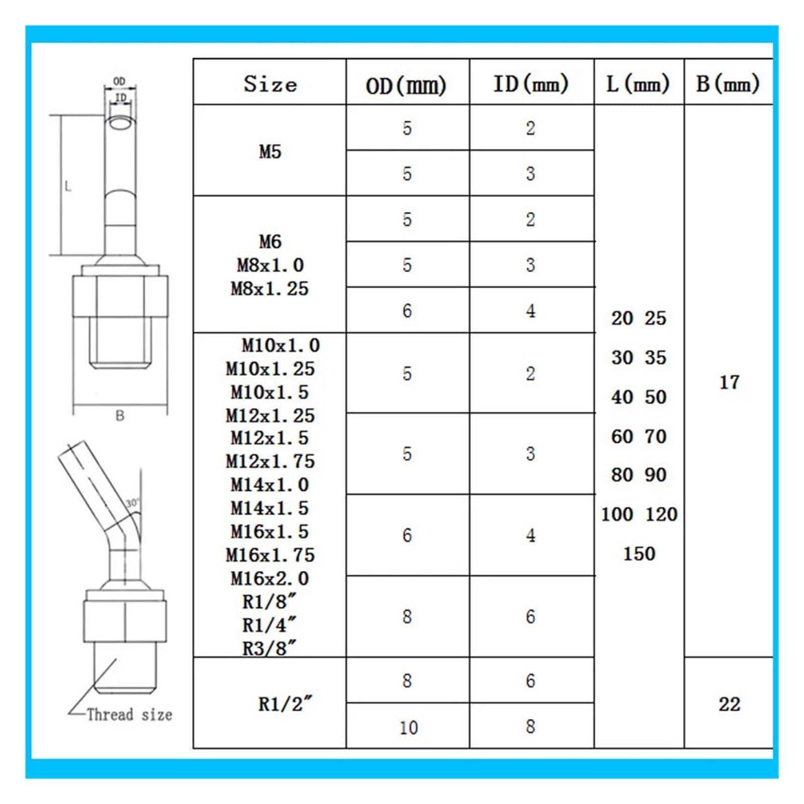 Boquilla de refrigerante de alta presión ajustable for torre de herramientas de torno CNC de acero inoxidable M8/M10/M12/M14/M16 con pulverizador de agua y refrigeración(OD 8mm ID 6mm,L 50MM_M10X1.5)