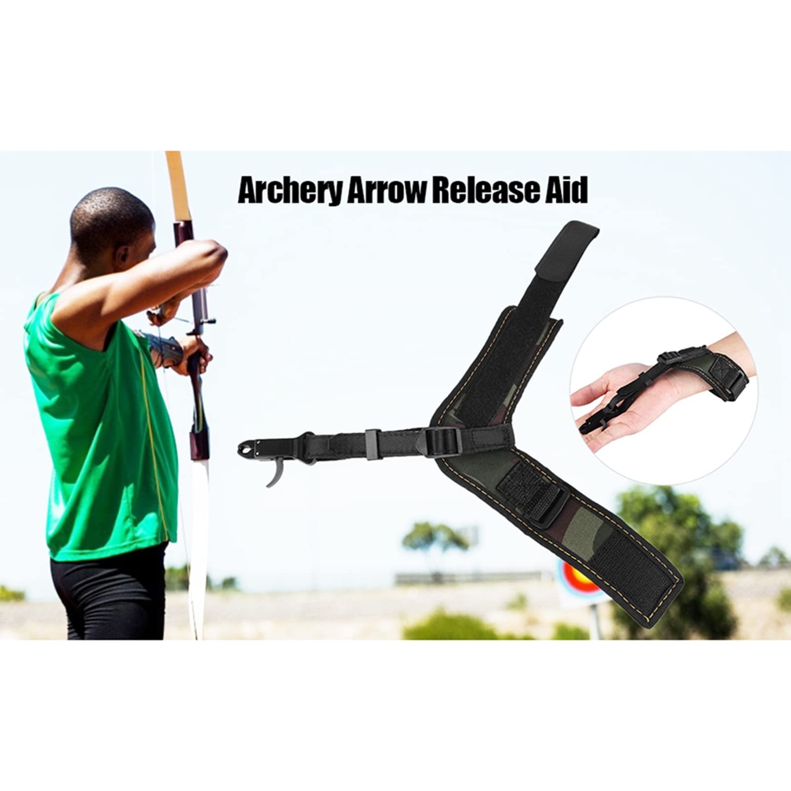 Release Tir à l'arc Robuste Aide au Dégagement de l'arc Étrier Composé Dragonne Noire Réglable Trigger Tir Chasse Tir Trigger Flèches pour Arc à Poulies