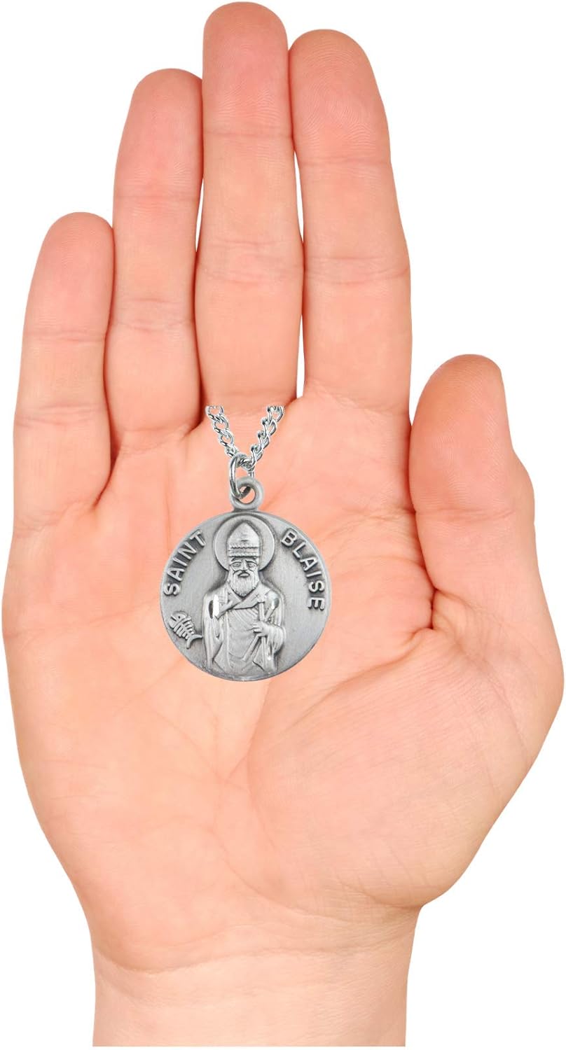 Saint Blaise Catholic Pewter Medal Pendant Religious Necklace on 18 Inch Stainless Steel Chain