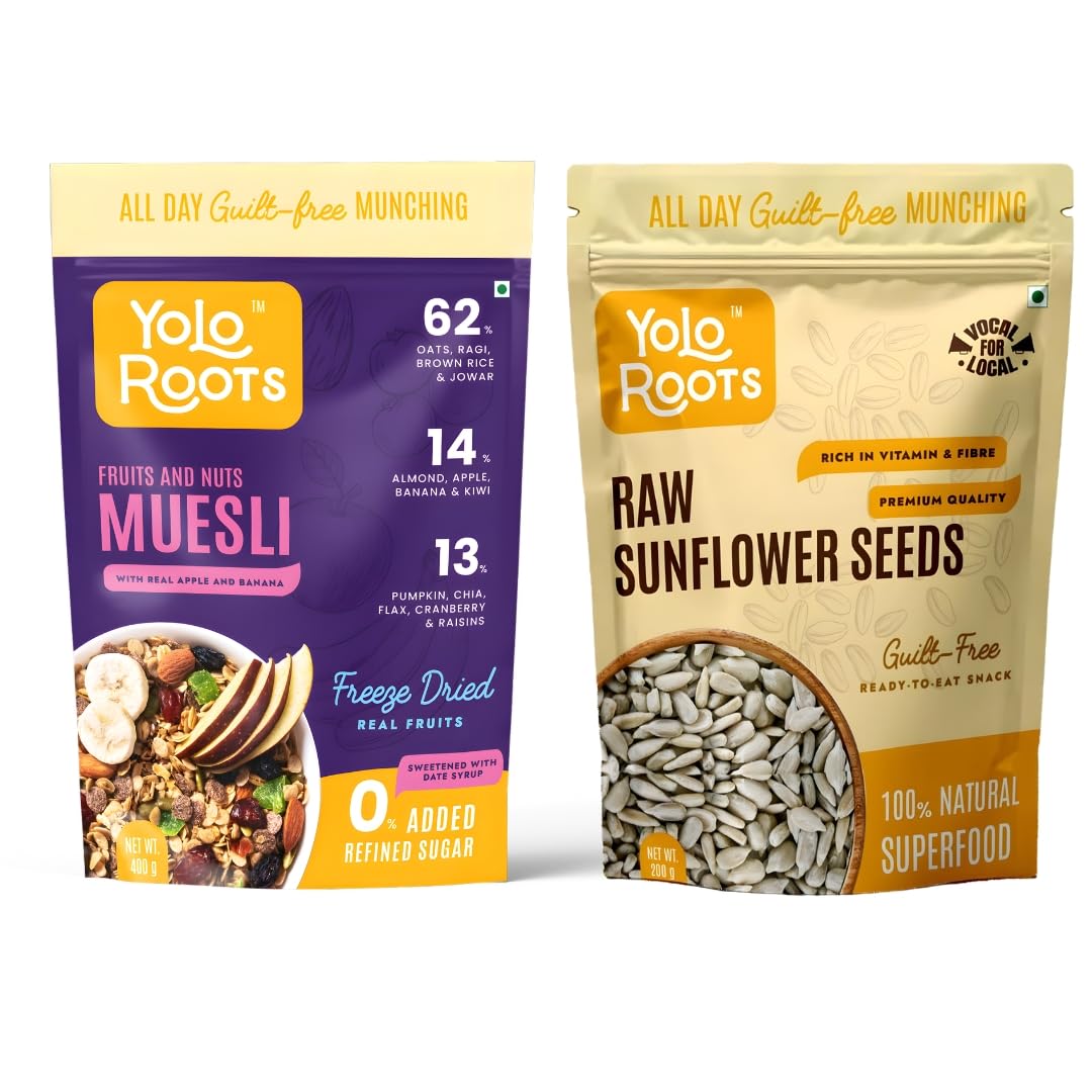 Yolo Roots Fruits & Nuts Muesli 400g & Raw Sunflower Seeds 200g Combo, No Added Sugar, High Fiber Breakfast Cereal & Protein Rich Superfood Seeds (Pack of 2)