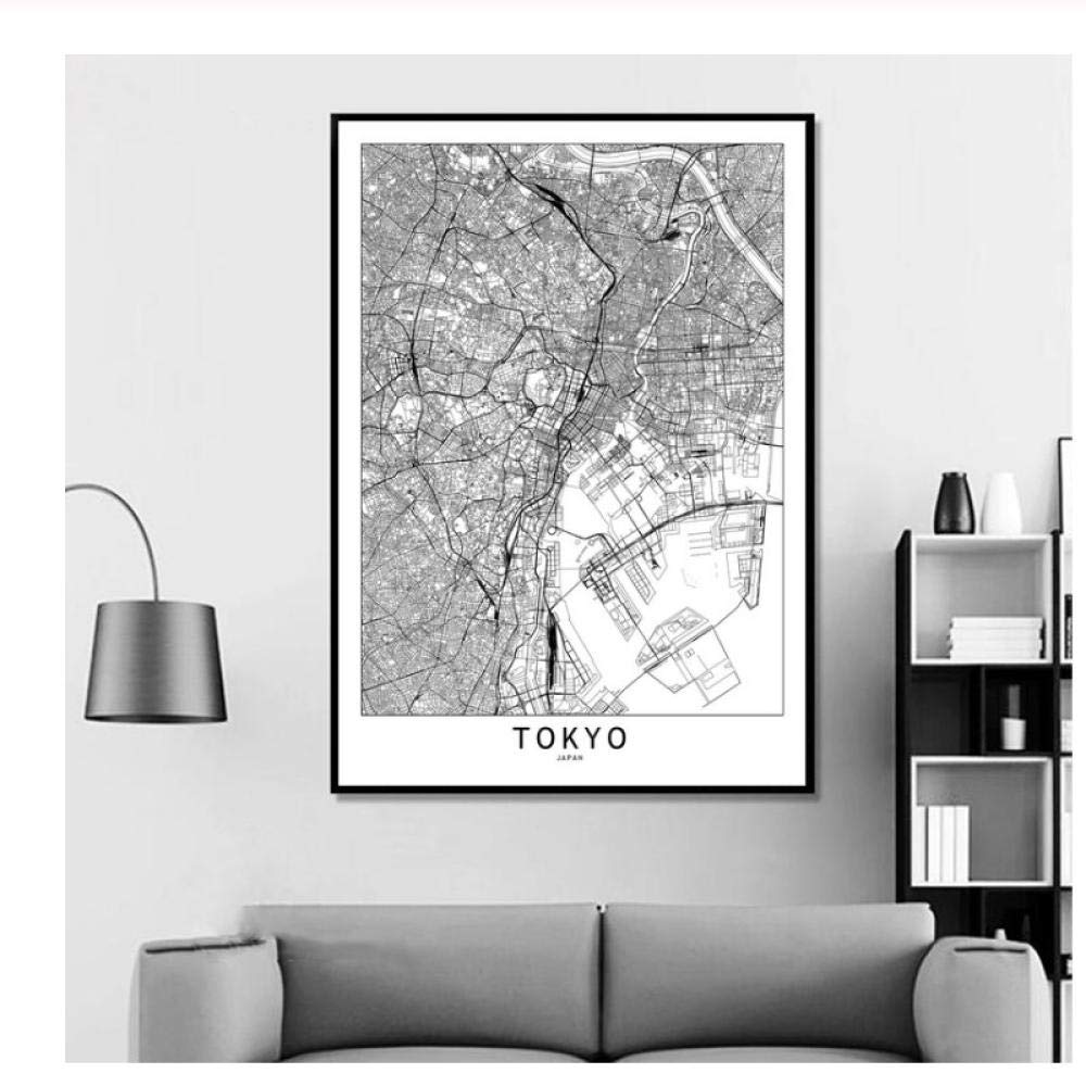 AdoDecor Bilder auf Leinwand Benutzerdefiniertes Schwarz-Weiß-Weltstadtkarten-Poster von TokioWandbilder Wohnzimmer Bilder Set Bild Schlafzimmer Badezimmer(Gerahmt)