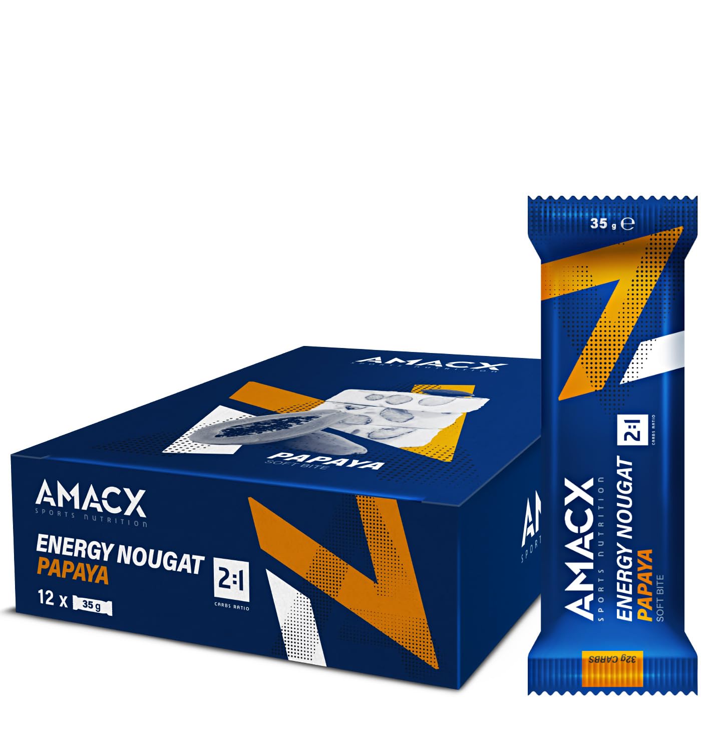AMACX Energieriegel Nougat-Fruchtriegel – Healthy Snacks für Ausdauersportler – Energy 12er Pack – Fitness Riegel mit Glukose und Fruktose – Power Bar mit 32g Kohlenhydrate – Papaya