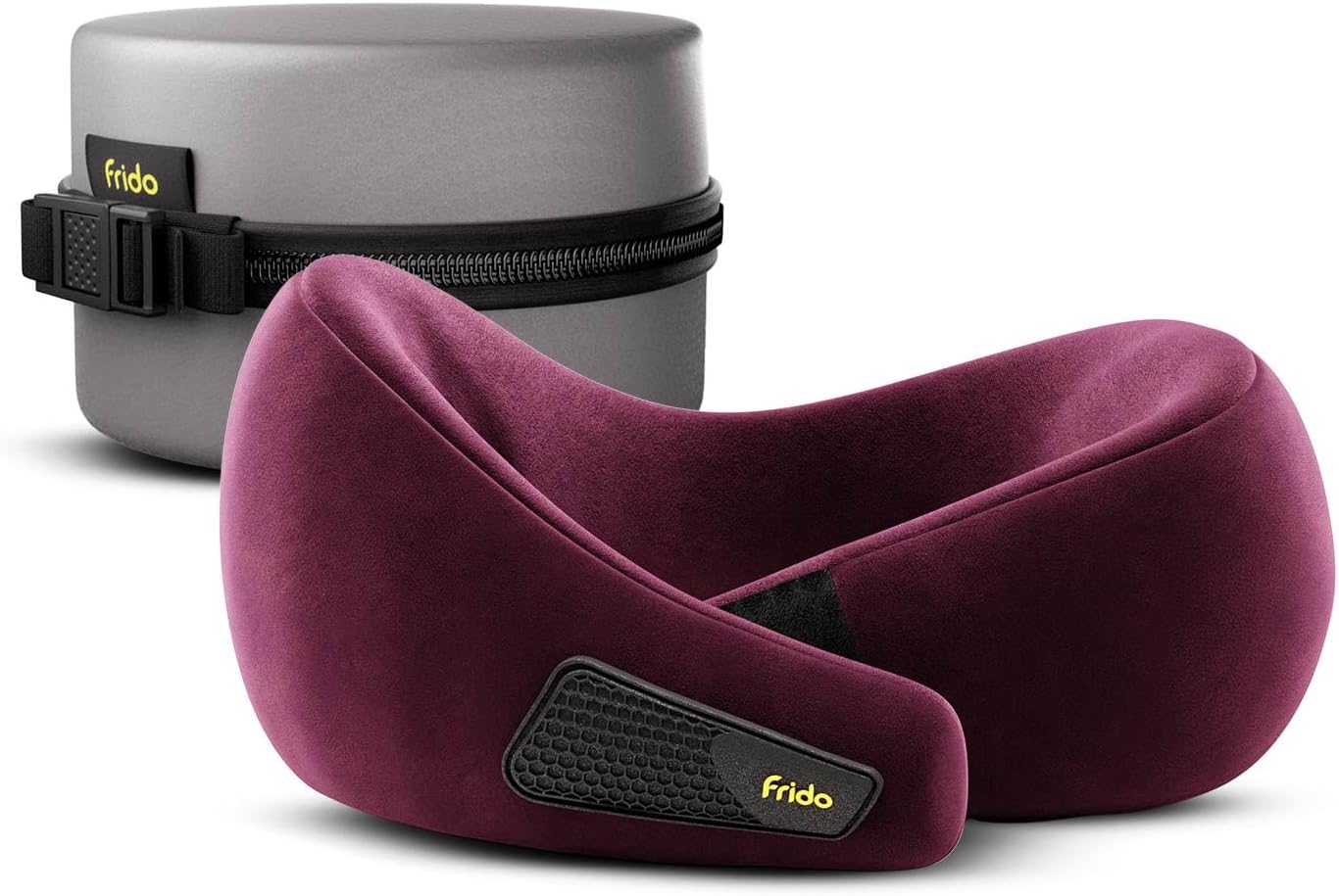 Frido Travel Neck Pillow, 100% Hi-Per Foam, Lightweight Neck Support Pillow, Neck Pillow for Flight Travel, Memory Foam Car Neck Pillow, Adjustable Velcro Straps, Free Travel Pouch (Wine)