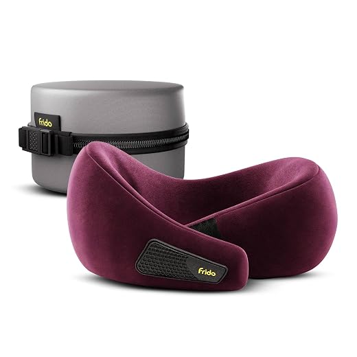 Frido Travel Neck Pillow, 100% Hi-Per Foam, Lightweight Neck Support Pillow, Neck Pillow for Flight Travel, Memory Foam Car Neck Pillow, Adjustable Velcro Straps, Free Travel Pouch (Wine)