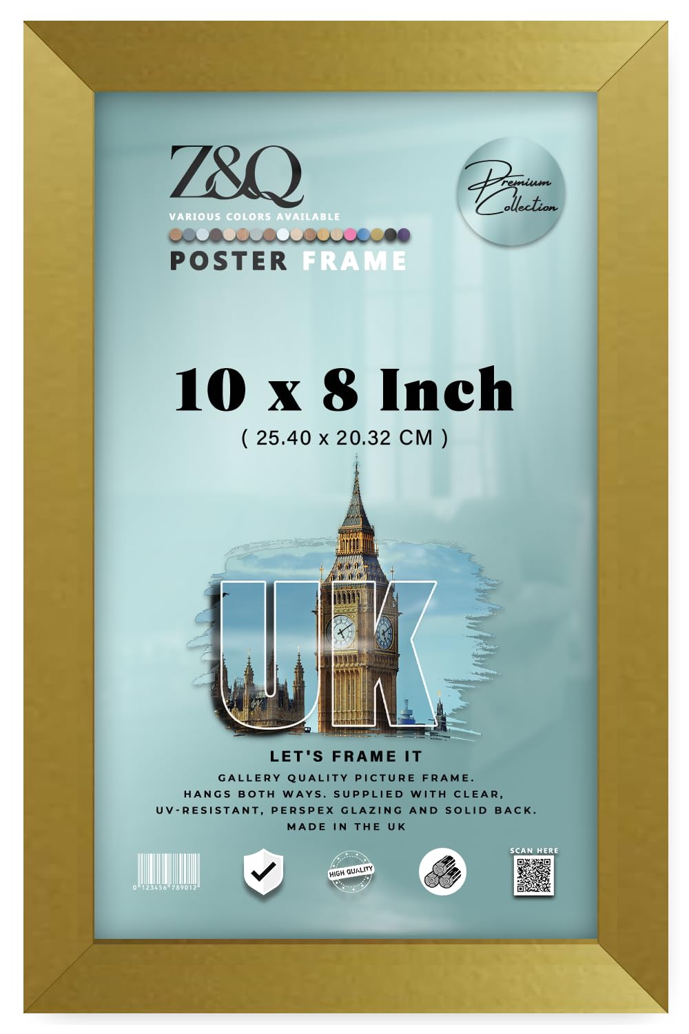 Z&Q - Rectangle Classic Black MDF Wood Finish 10 x 8 Inch Frame for Posters | Eton Wood (25.40 x 20.32 CM) For Art Gallery, Home Décor [ Gold ]