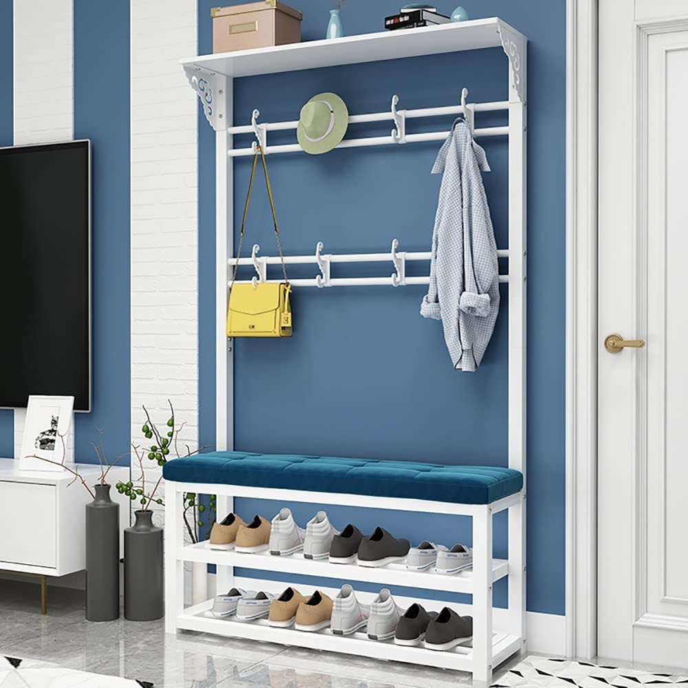 Metal Coat Rack with Shoe Bench - Modern Industrial Entryway Coat Tree with 11 Hooks and 2-Tier Shoe Rack for Hallway Living Rooms