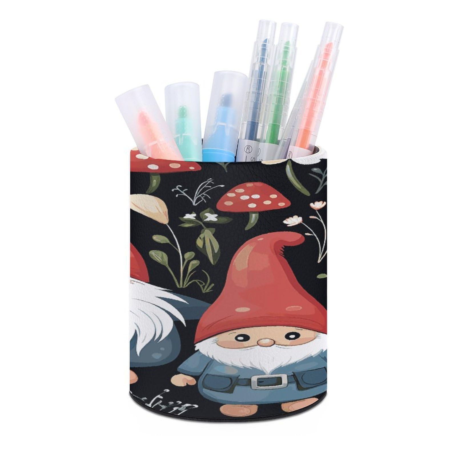 Cute Gnomes Pen Holder Multi-Functional Round Pencil Holder Cute Office Decoration Pen Cups Simple Design PU Leather Paintbrush Cups for Home Office Desk