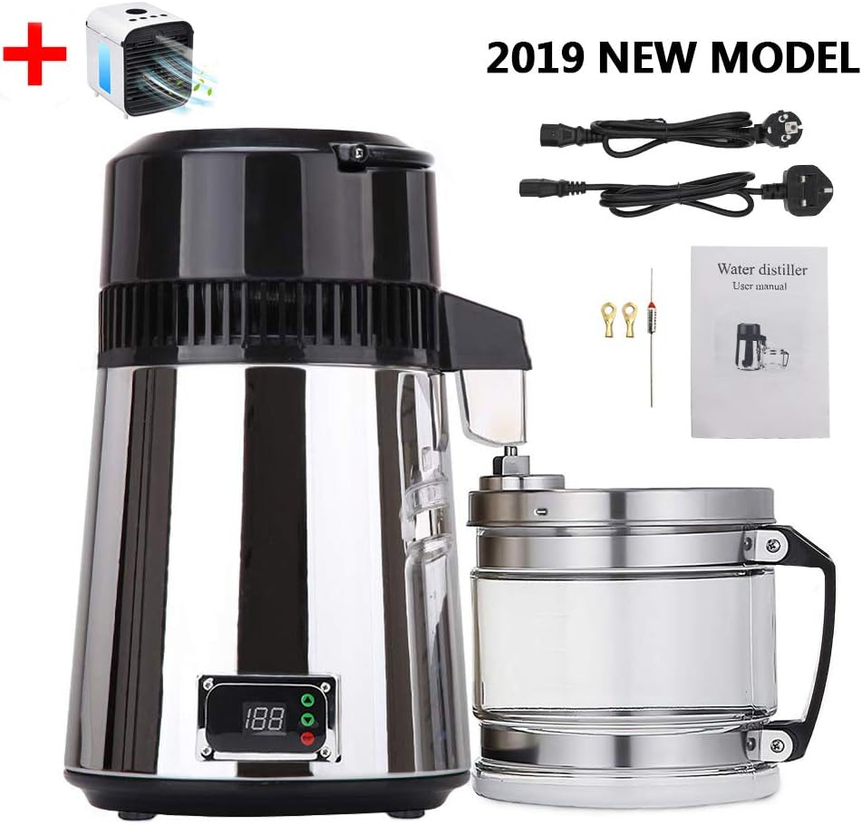 ZEHNHASE Home Water Distiller,4L 750W Stainless Steel with Glass Collection Bottle Pure Water Distillation Filters Digital Control Water Purifier with Handle Double Buttons