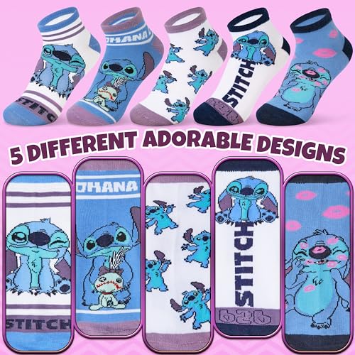 Image of Disney Stitch Ankle Socks for Women, Teens US Size 4-9, Pack of 5 Casual Ladies Socks, Gifts for Her