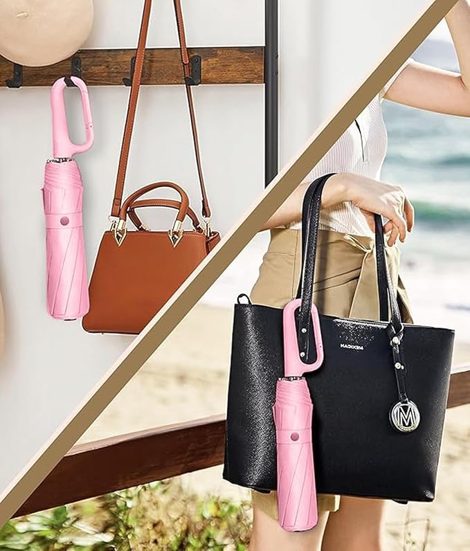 Image of TEKCOOL UV Umbrella with Novelty Carabiner Handle, Travel Umbrellas for Rain and Sun Windproof Compact, Automatic Open Close, 8 Ribs, Portable Umbrella for Men and Women(Pink)