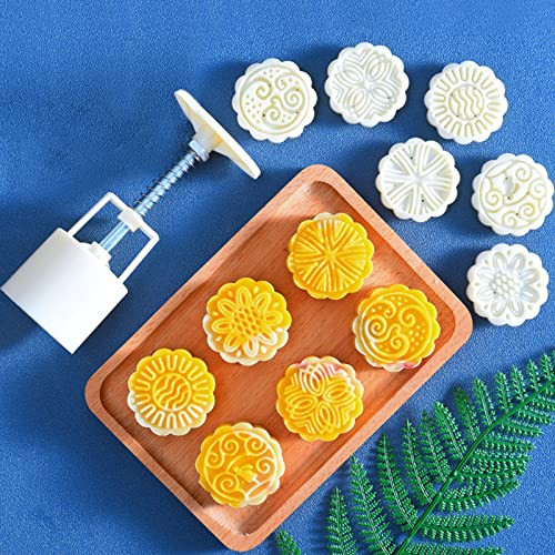 Mooncake Mould Press 50g mit 6 Briefmarken, Glückverheißendes Muster Mondkuchenform Presse Keksstempeln Kuchenpresse Runde Blumen Dekoration Werkzeuge für Backen DIY Cookie,Kuchen,Dessert,Weiß