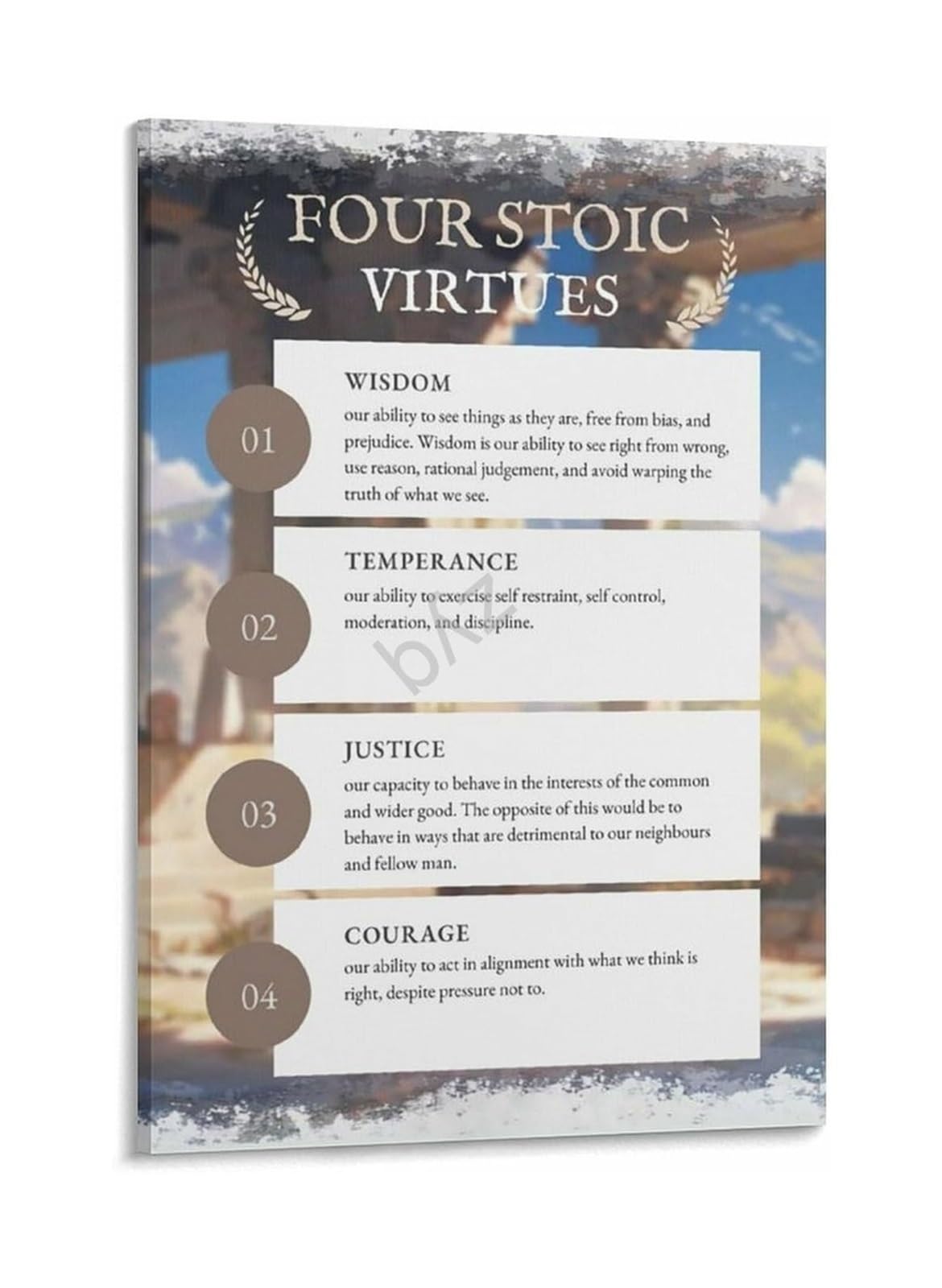 IDGTTLDF Educational Poster Cardinal Virtues of Stoicism for Ethics Classroom History Teachers Student Reflection Canvas Art Framed,16X24inch(40X60cm)