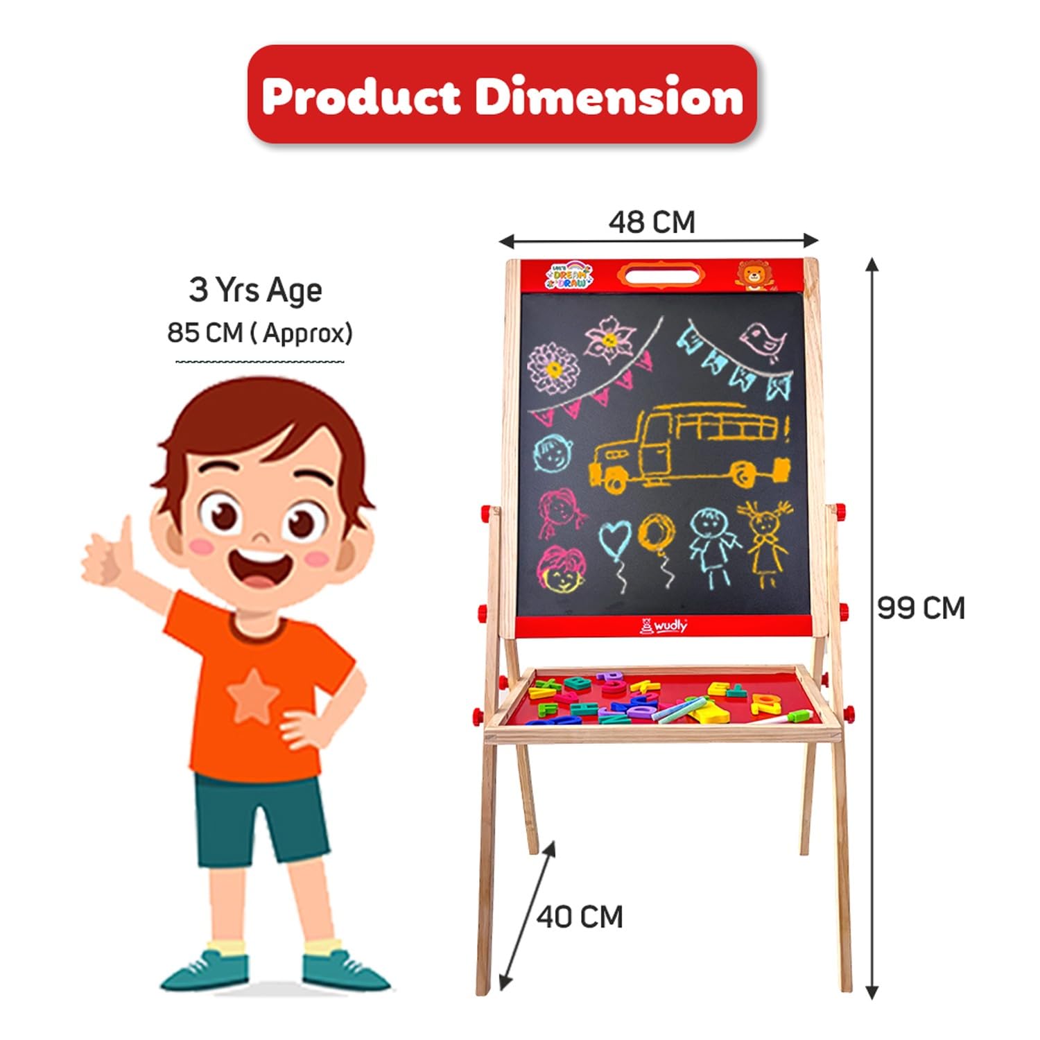 Wudly® Wooden 2-in-1 Kids Easel Board | Magnetic Whiteboard & Blackboard with Alphabet Magnets | Drawing, Writing & Learning Educational Toy for Kids 3-10 Years - Image 5 thumbnail