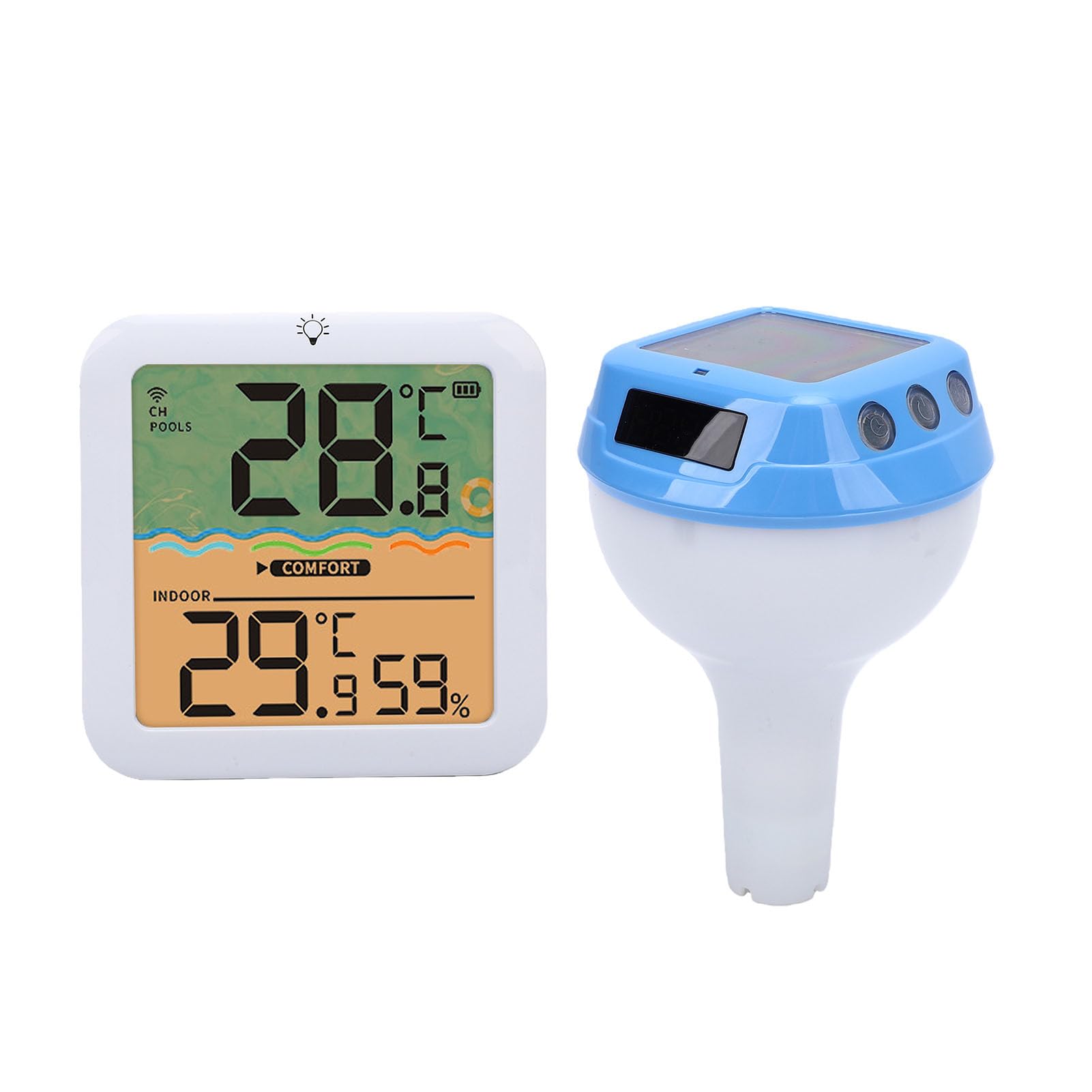 LICAEVEY Termómetro Solar Digital para Piscina con Luz RGB, Pantalla Clara para Temperatura Interior y Exterior, Termómetro de Agua Inalámbrico Flotante, Fácil Lectura (BLUE)