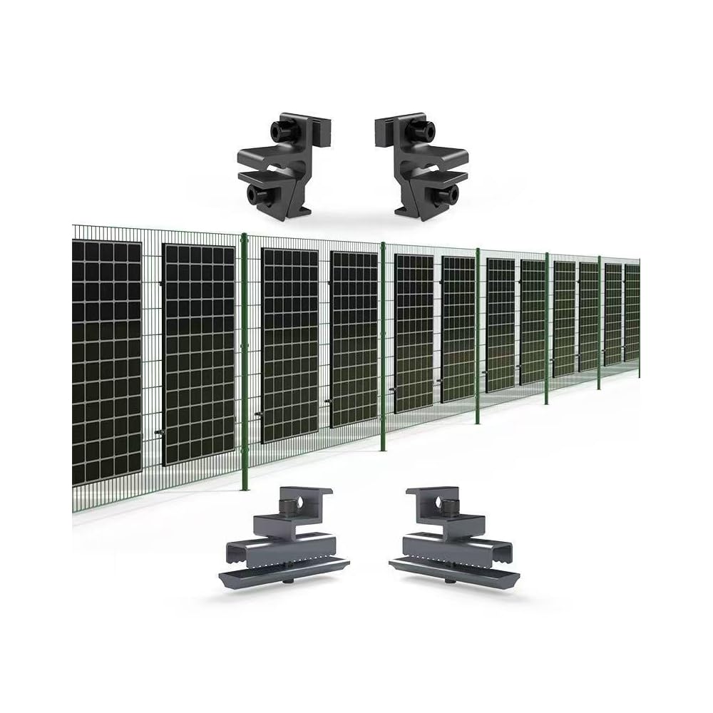 PV Zaunklemmen Set 4 Stück schwarz – Solarzaun/Balkonkraftwerk Halterung für Doppelstabmatte 6/5/6 & 8/6/8 – Direktmontage am Modulrahmen ohne Schiene – Edelstahl/Alu