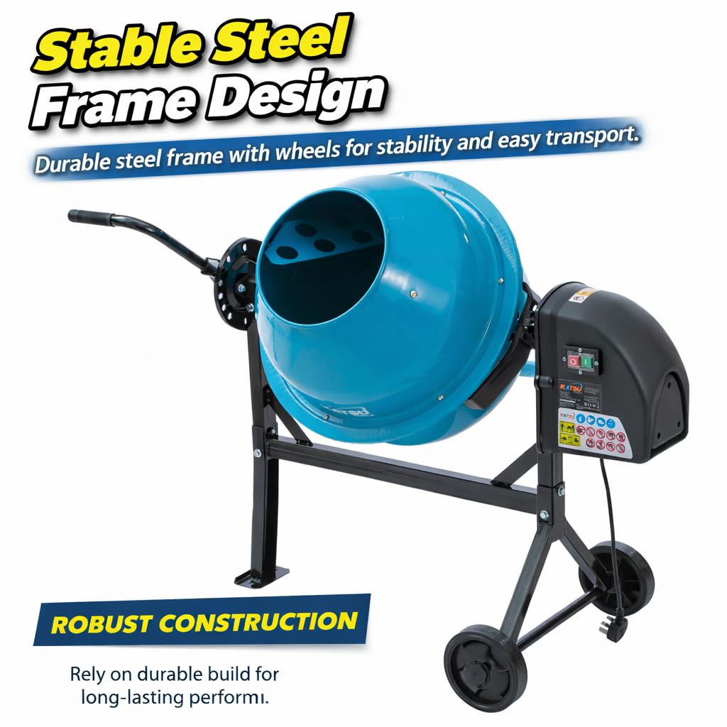 KATSU Tools Betoniera Elettrica 63L - 220W Portatile Malta Cemento Mixer con Ruote, Supporto e Maniglia Ribaltabile, Ideale per Fai Da Te e Costruzione, Modello 167340