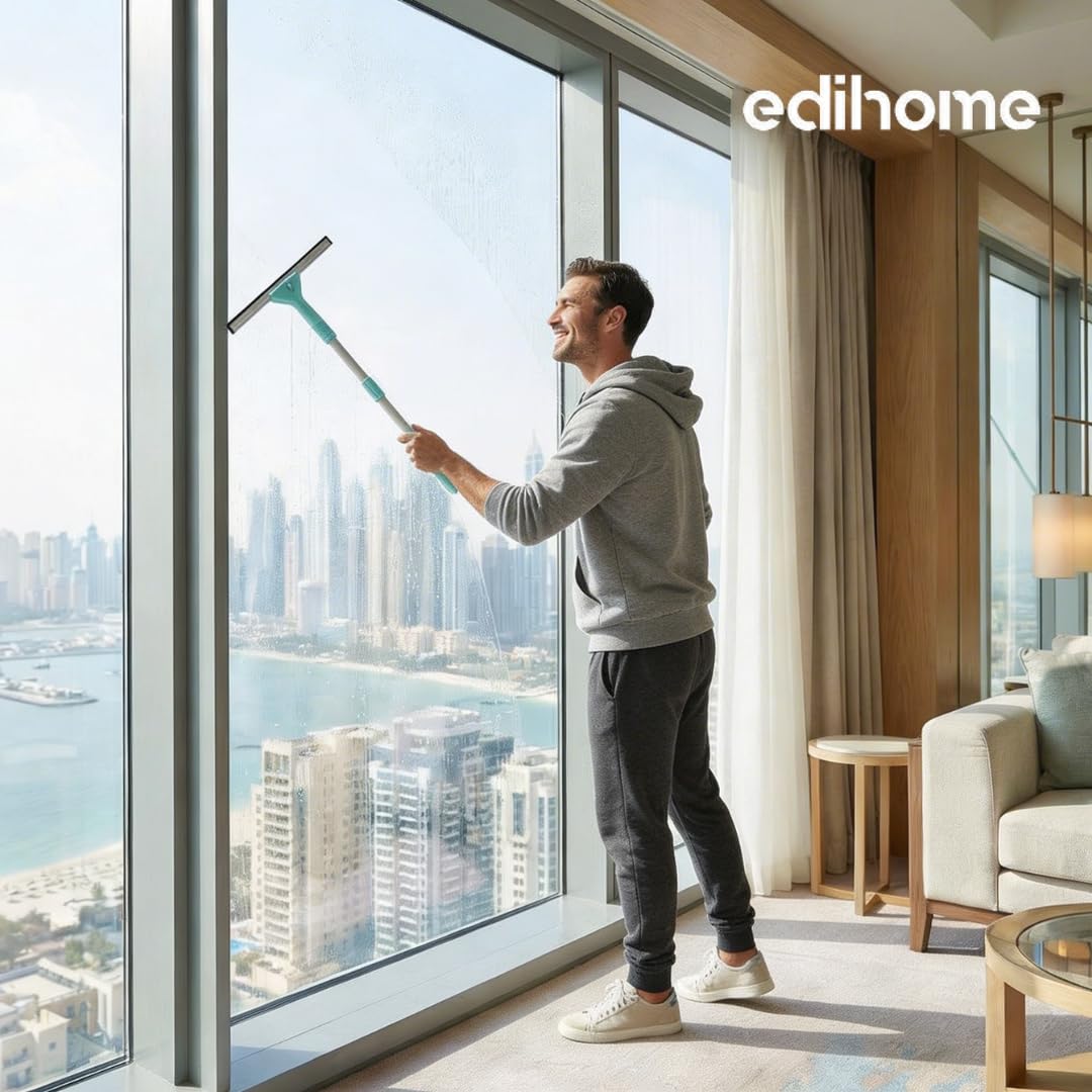 edihome, Lavavetri Telescopico Estensibile fino a 160 cm, Pulisci Vetri con 2 Teste e Panni in Microfibra, Tergivetro per Finestre, Doccia e Specchi, Uso Domestico (Set completo)