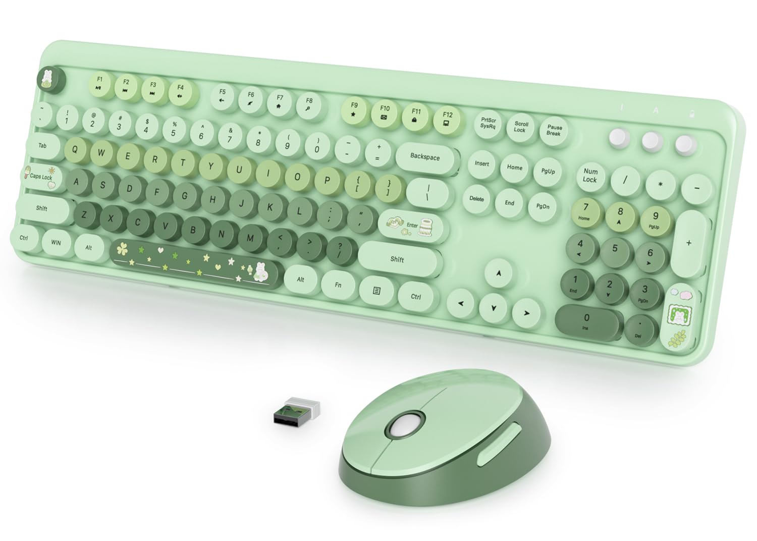 Fogruaden Green Keyboard and Mouse Wireless, Retro Typewriter Keyboard, 2.4GHz 104 Keys Full Size Cute Keyboard with Number Pad, Gradient Colorful Keyboard with Round Keycaps for Windows PC Laptop