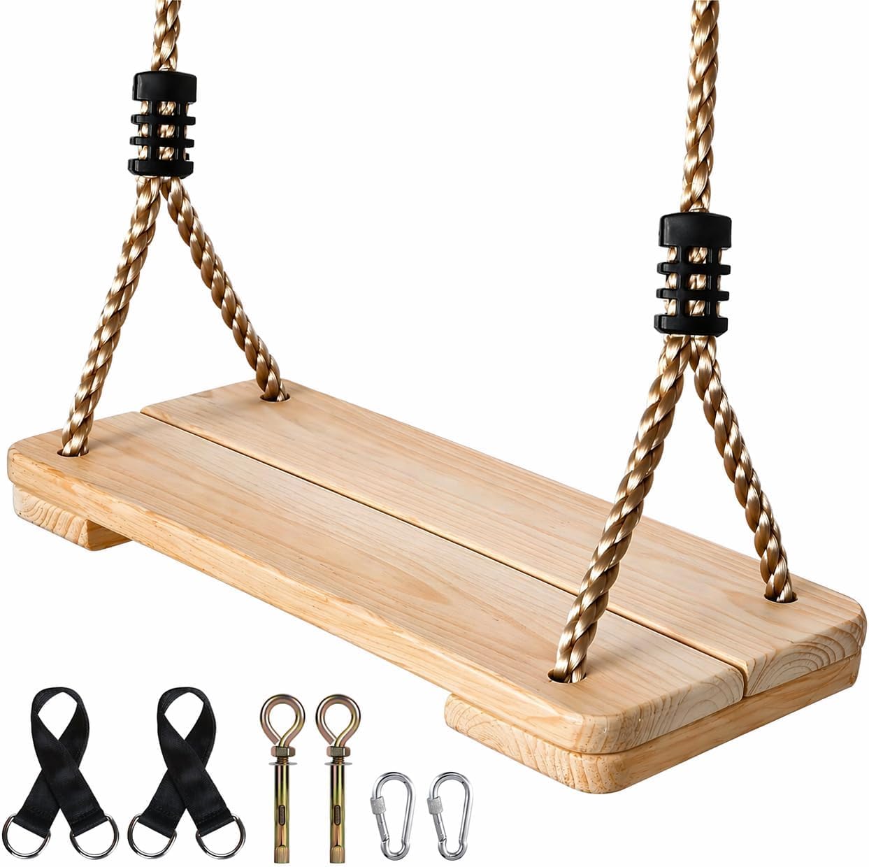 Holz Schaukel Outdoor/Indoor | Stabile Familienecke bis 160kg mit verstellbaren Seilen | Sicherer Schaukelsitz für Kinder & Erwachsene (40x16x3cm) | Für Garten, Terrasse, Balkon