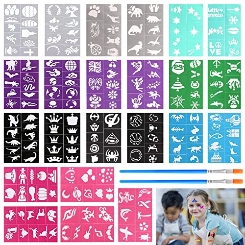 Pochoir Maquillage Enfant 23 Pièces 204 Dessins Tatouage Temporaire Pochoirs Glitter Tattoo Modèle de Tatouage avec 2 Stylos de Maquillage Réutilisables pour Anniversaires Halloween Noël