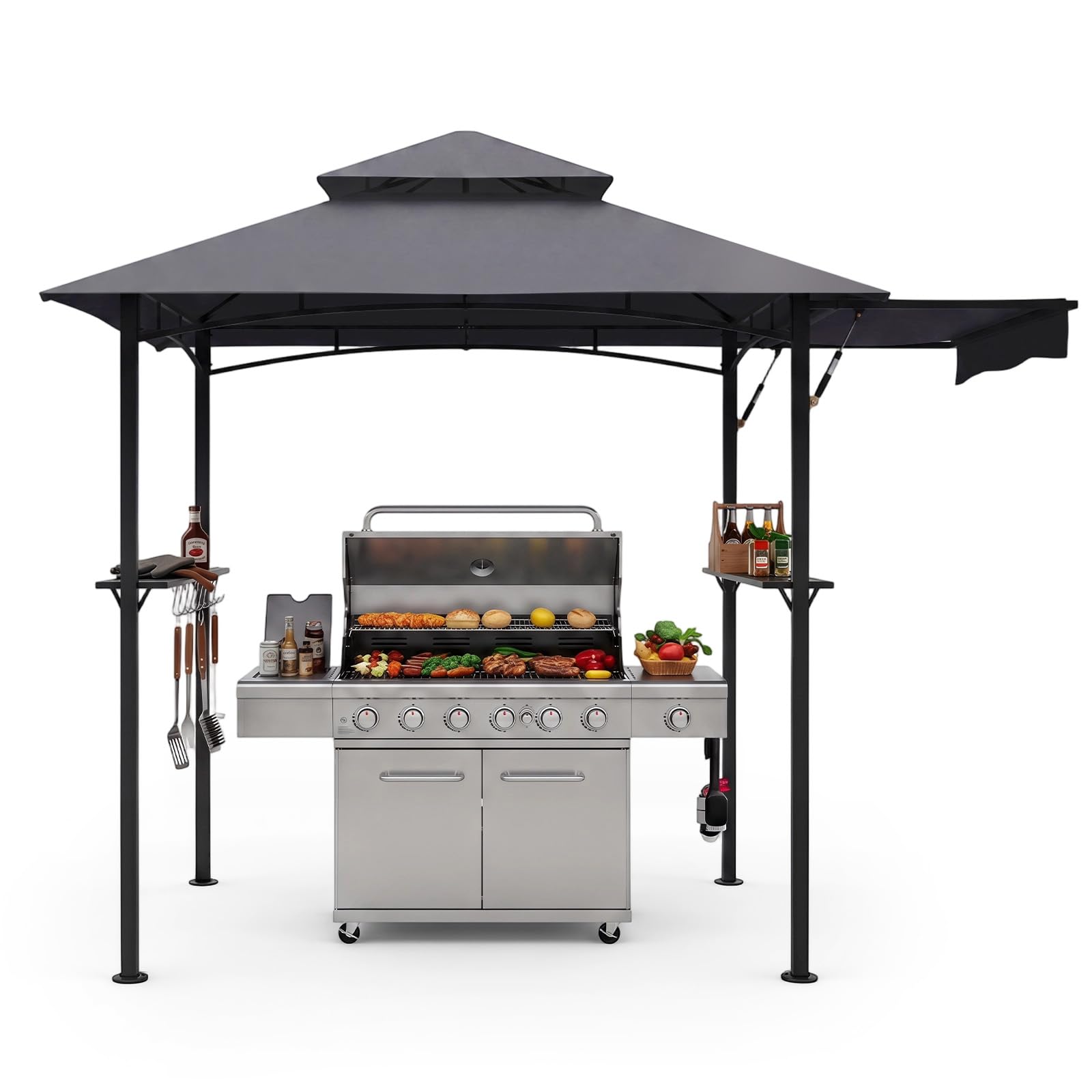 COSTWAY Gazebo per Barbecue 247 x 150 cm, Pergola per BBQ con Telo Laterale Retraibile, 2 Ripiani, 8 Ganci, Struttura in Metallo e Tetto a Doppio Strato per Feste, Barbecue e Picnic