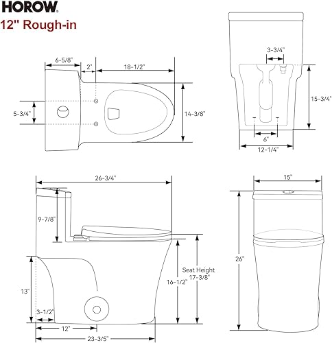 Miniatura 7 de HOROW T0338WG - Inodoro de una pieza con botón dorado, inodoro alargado con altura de asiento cómodo, altura de la silla ADA 17.3 pulgadas, doble