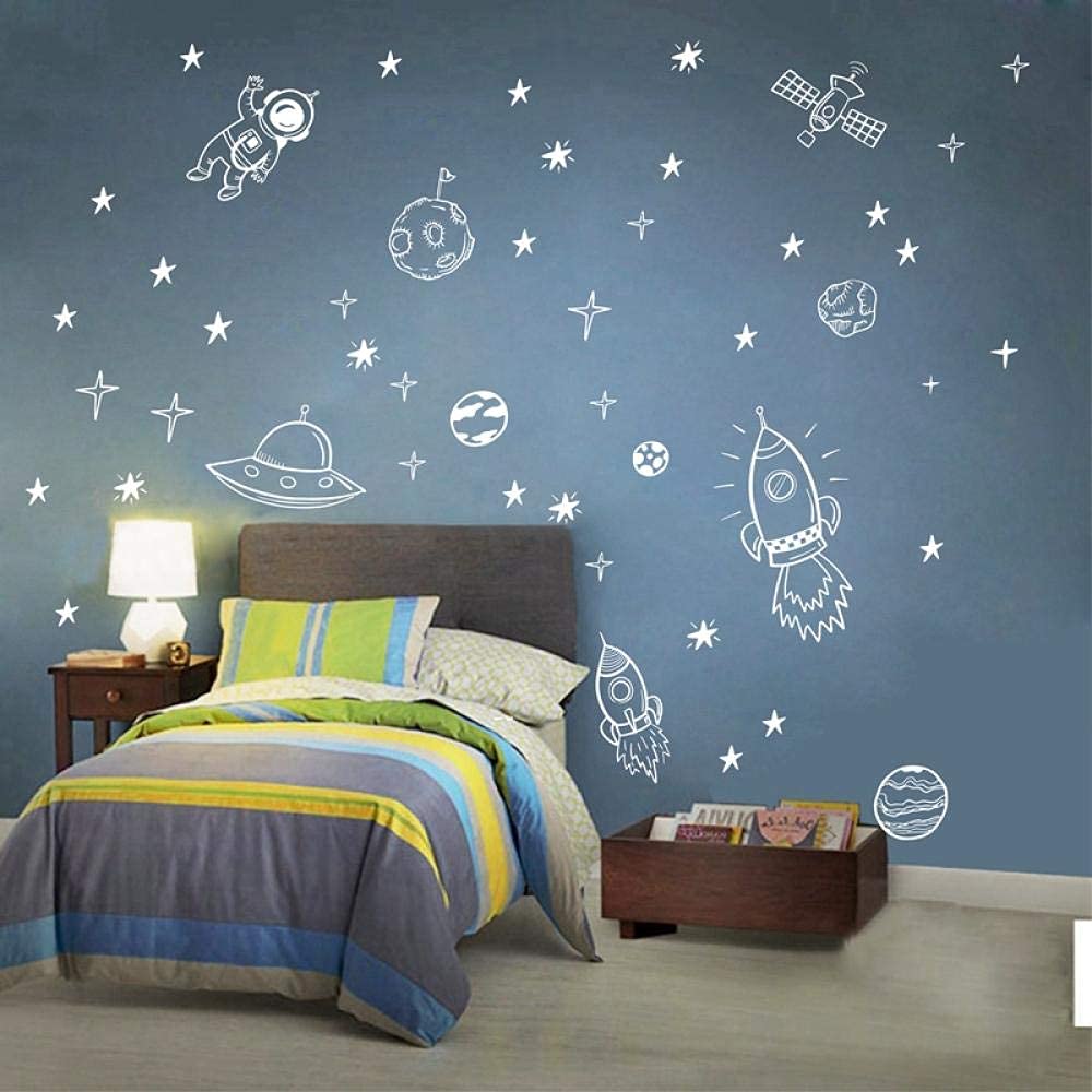 Rocket Astronaut Creative Wall Sticker Boy Room Outer Space Wall Decal Kindergarten Children's Bedroom Wall Sticker White 86X56Cm
