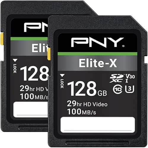 PNY Tarjeta de memoria flash Elite-X Class 10 U3 V30 SDXC de 128 GB, paquete de 2 100 MBs, clase 10, U3, V30, 4K UHD, Full HD, UHS-I, SD de tamaño