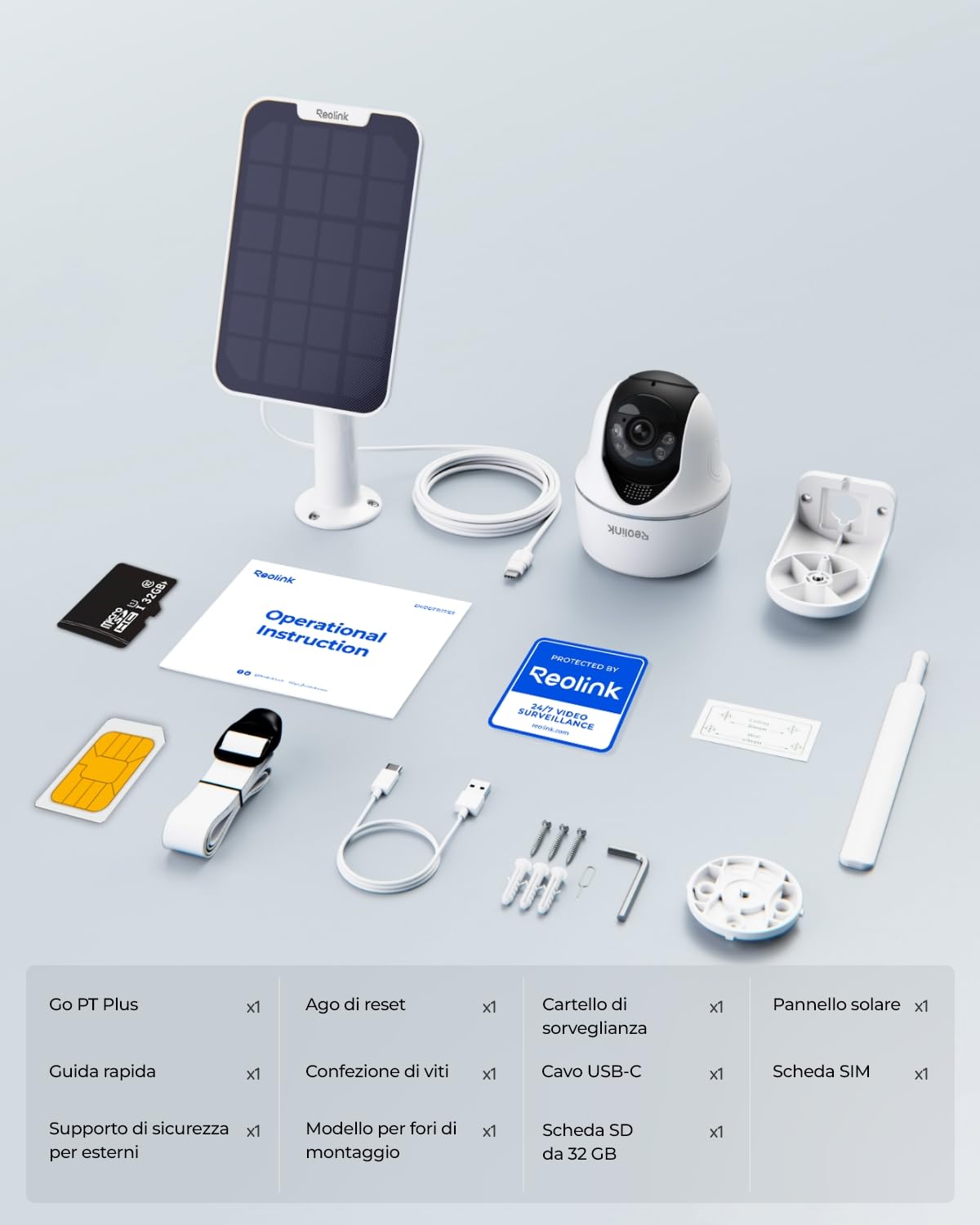 Reolink 3G/4G LTE Telecamera Esterno con Sim+32G microSD Card, 5MP 360° PTZ | Videosorveglianza Senza Fili a Batteria, Rilevamento AI, Audio Bidirezionale, Cloud/Alexa, Go PT Plus con Pannello Solare