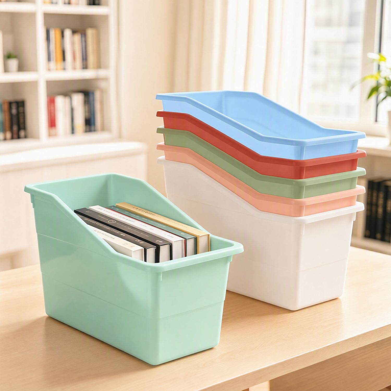 QRRICA Lot de 12 bacs à livres colorés empilables pour salle de classe