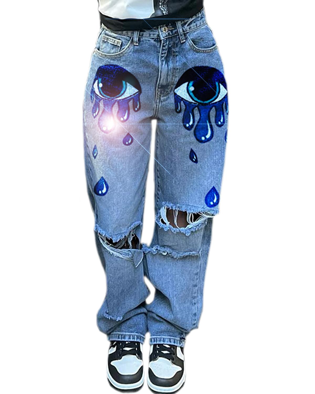 Women High Waisted 3D Crying Eyes and Tear Distressed Raw Hem Y2K Denim Jeans Knee Ripped Wide Leg Jeans Pants
