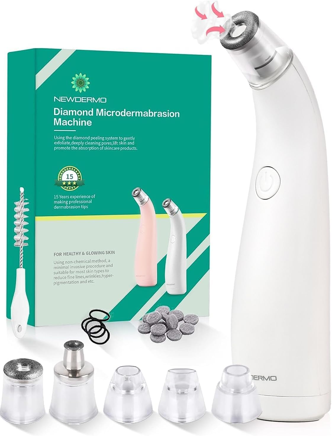 NEWDERMO 2-in-1 Microdermabrasion Machine Facial Diamond Pore Suction Machine Blackhead Remover Vacuum Salon-Level Dermabrasion at Home Beauty Device USB Rechargeable with 5 Replaceable Heads